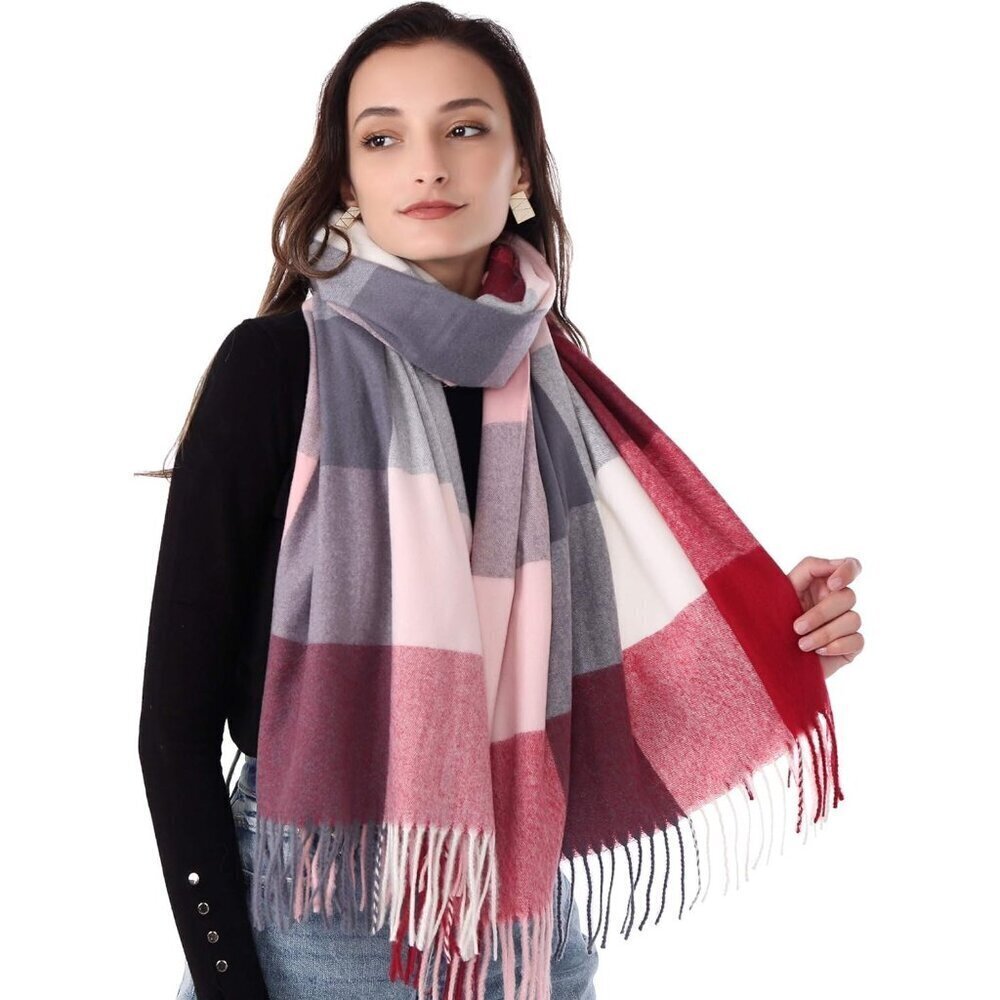 Women Burgundy White Winter Warm Shawl Wraps Tartan Blanket Oversized Scarves